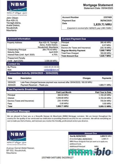 Mauretania Nouvelle Banque de Mauritanie (NBM) wyciąg z kredytu hipotecznego szablon Word i PDF